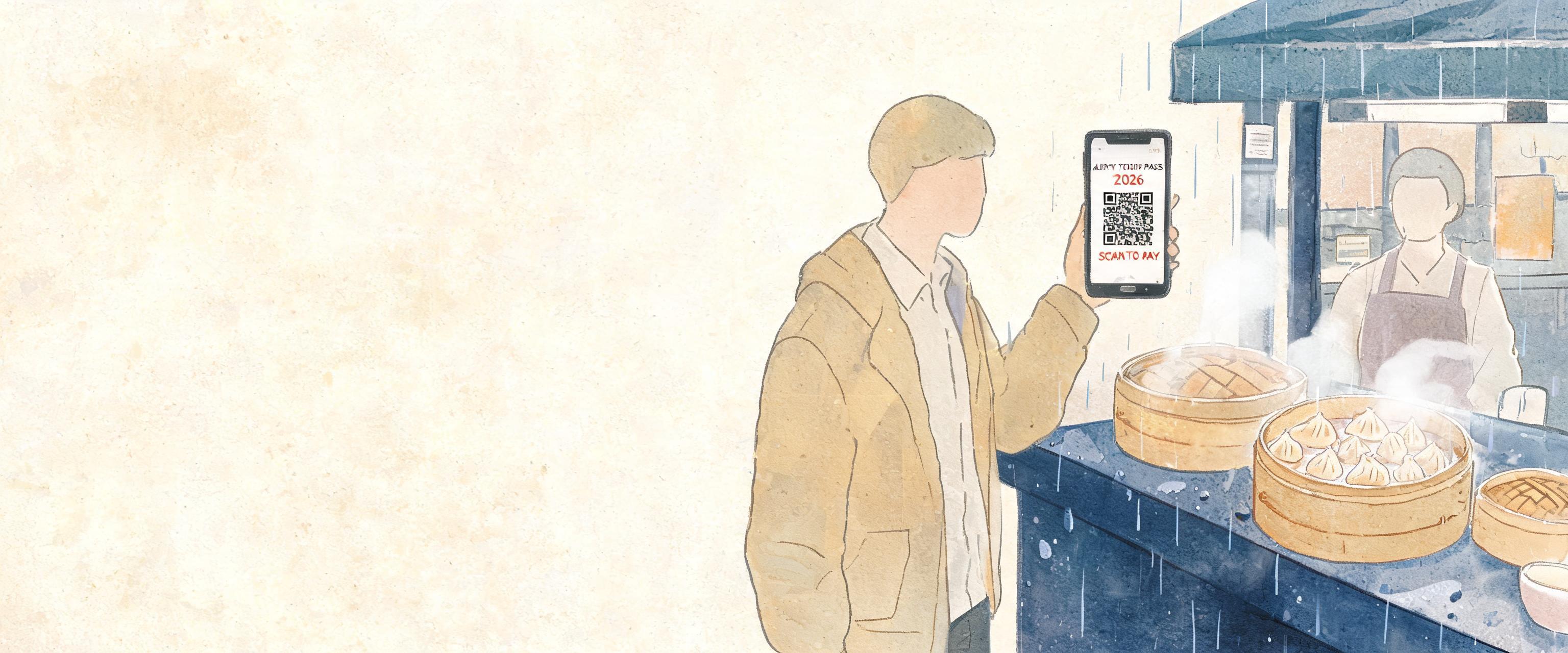 Watercolor-style illustration: Western tourist at Shanghai street food stall holds phone showing Alipay for tourists (2026...