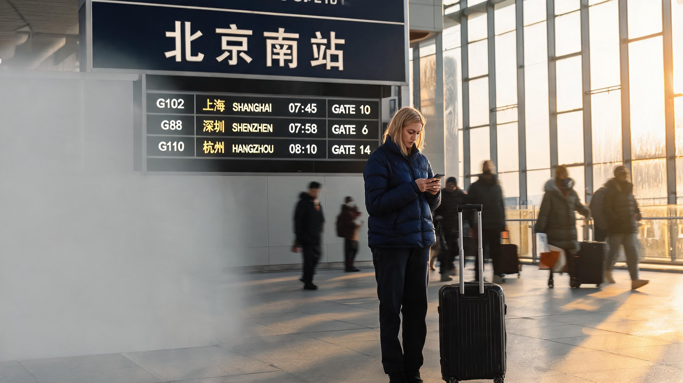 Western backpacker in navy puffer jacket checks phone at Beijing South Station departure board for Beijing Shanghai high s...