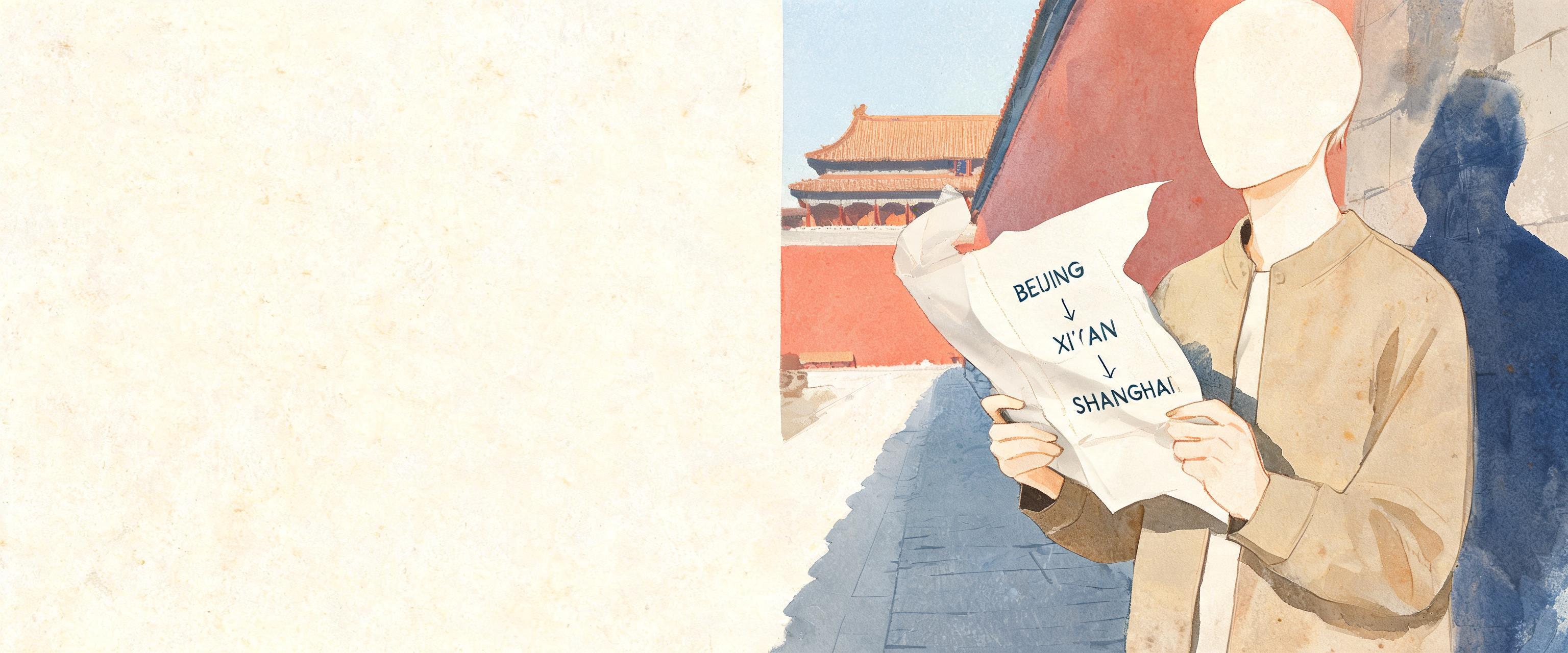 Watercolor illustration: a non-Chinese traveler unfolds a paper beijing xian shanghai itinerary in a Tiananmen Square alle...