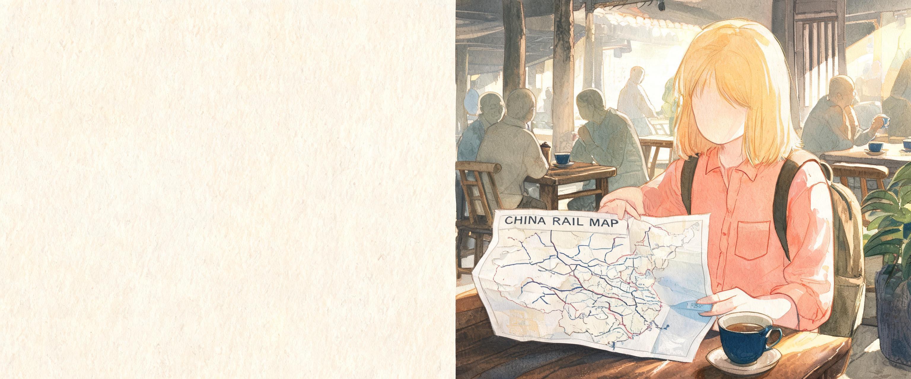 Blonde backpacker unfolds crinkled China rail map at sunlit Chengdu tea house, planning a china backpacking route; chipped...