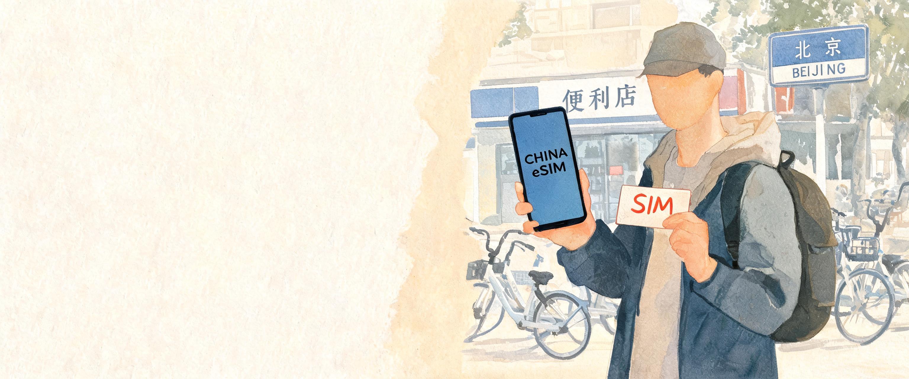 Editorial watercolor, china esim vs sim: foreign traveler (no face) in mainland China everyday scene, warm cream paper wit...