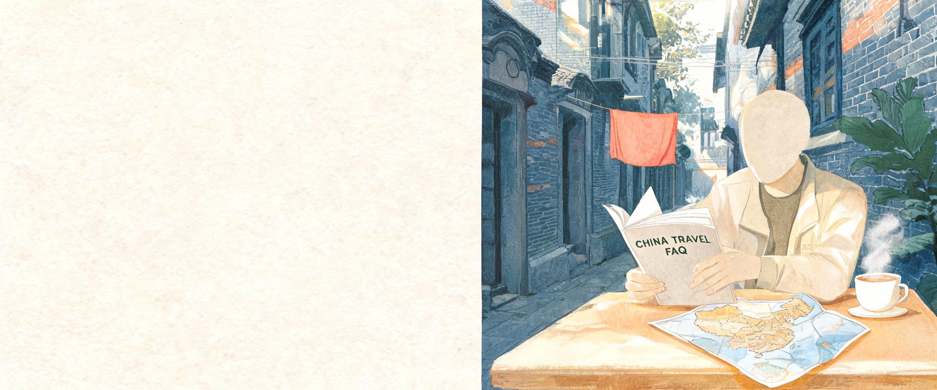 Foreign traveler at sunlit wooden Shanghai alley table flipping a china travel faq notebook, crumpled map and steaming tea...