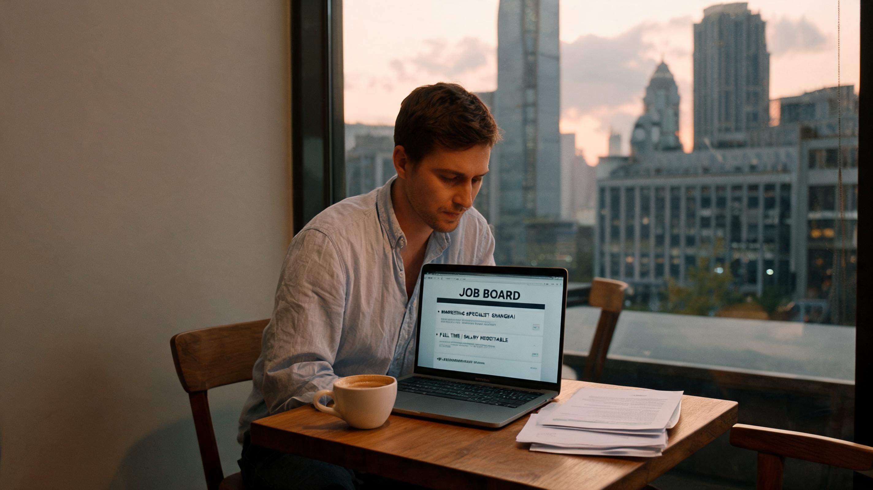 Western man in wrinkled shirt at Jing'an cafe browsing job listings on laptop, capturing expat life Shanghai job search st...