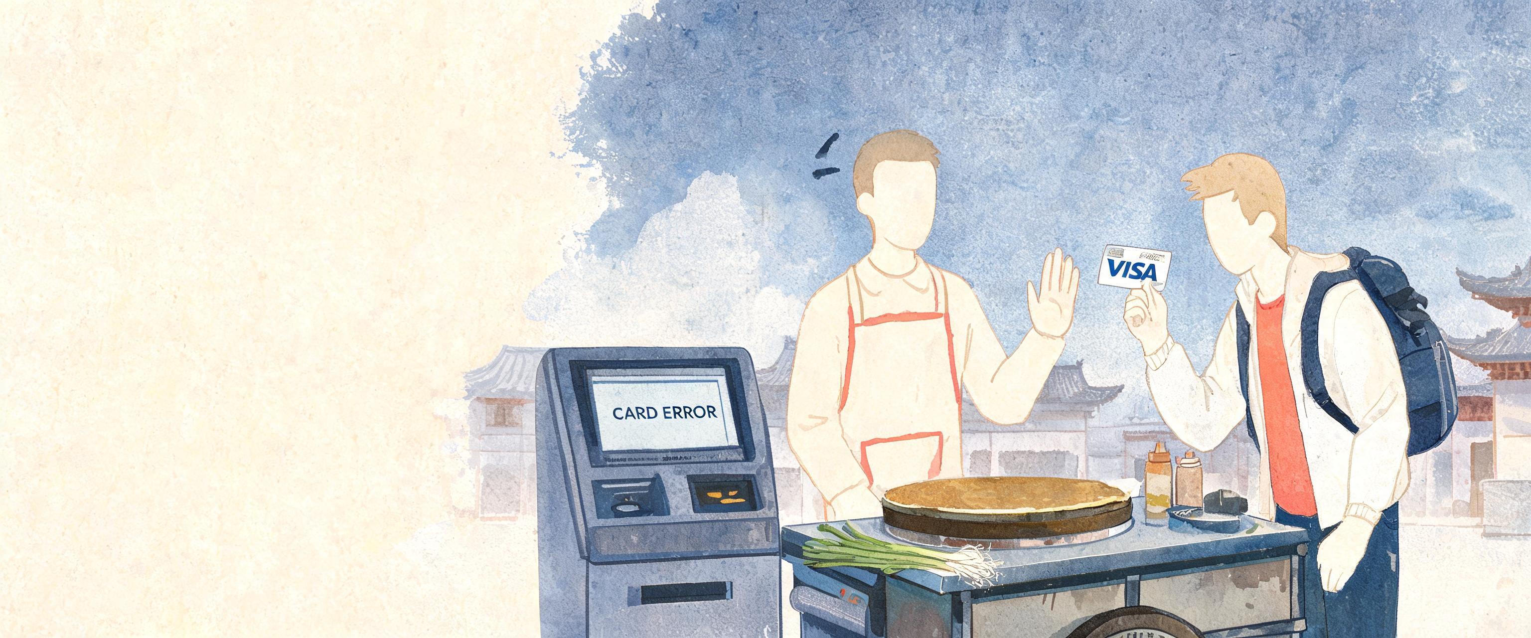 Western traveler holds Visa card confused at Beijing jianbing cart; vendor shakes head, nearby ATM shows card error, illus...