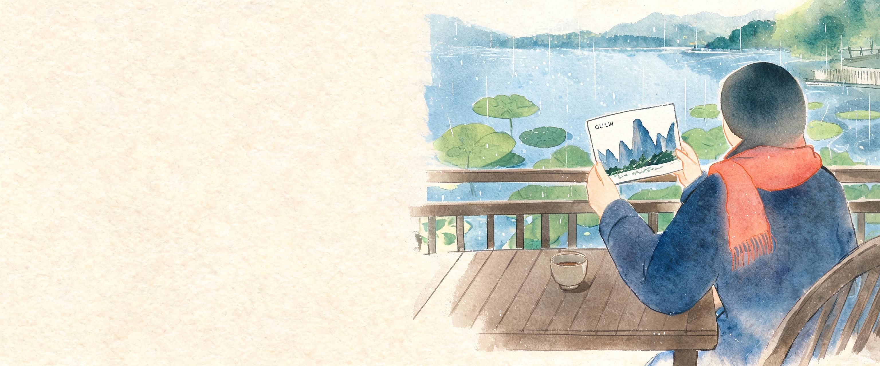 Foreign traveler sits at a West Lake teahouse wooden table, comparing a Guilin karst postcard to lotus leaves in drizzle—g...