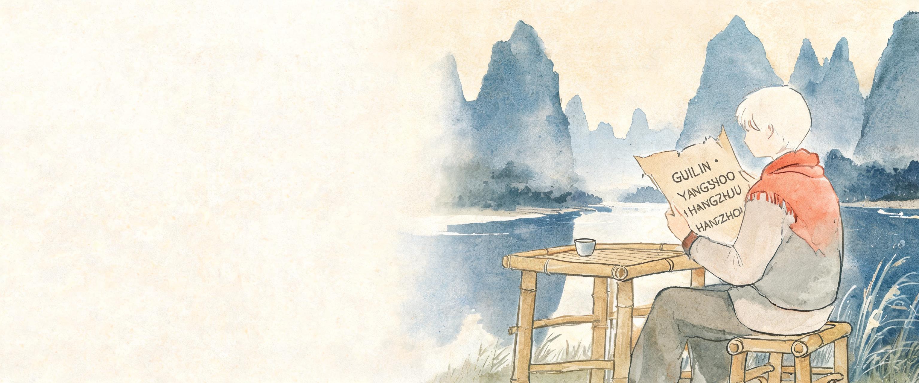 Traveler at a small Yangshuo riverside bamboo table glances between a worn Guilin-Yangshuo-Hangzhou itinerary and misty Li...