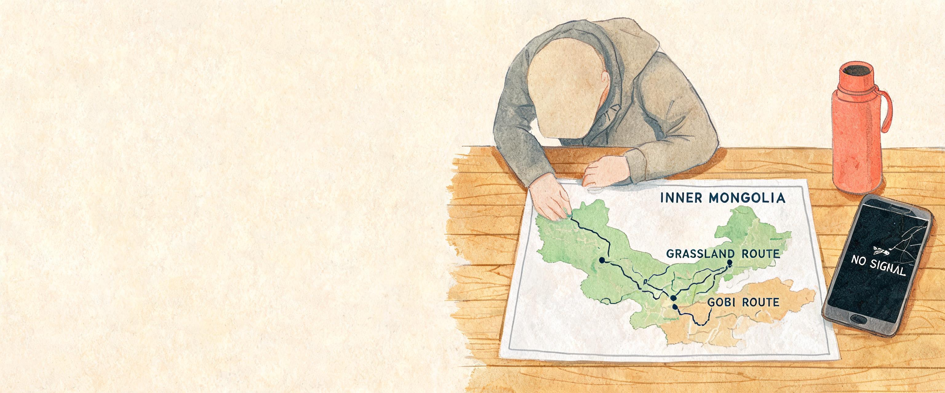A traveler leans over a paper Inner Mongolia travel map marked with grassland and Gobi routes, a no-signal cracked smartph...