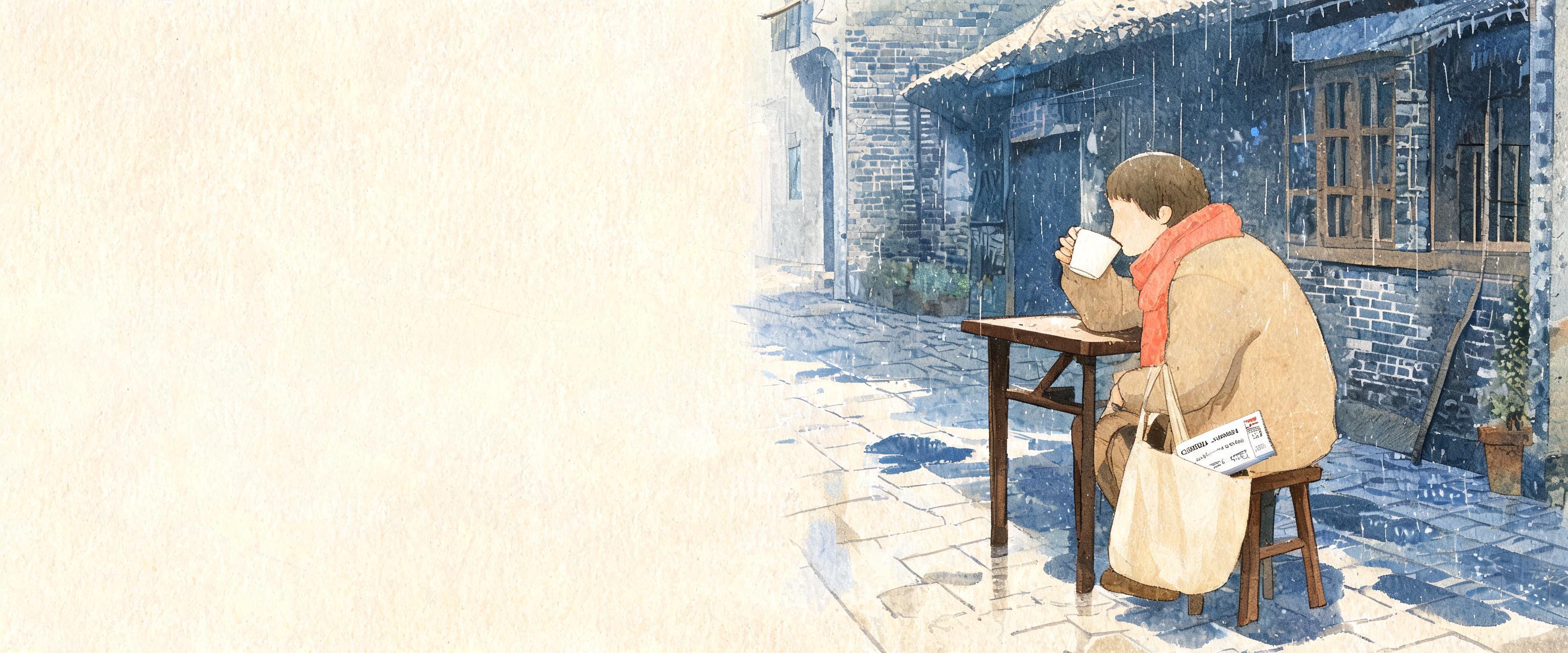 Traveler sits at wooden Shanghai alley table sipping hot soy milk; folded Chengdu-Shanghai train ticket peeks from tote—li...