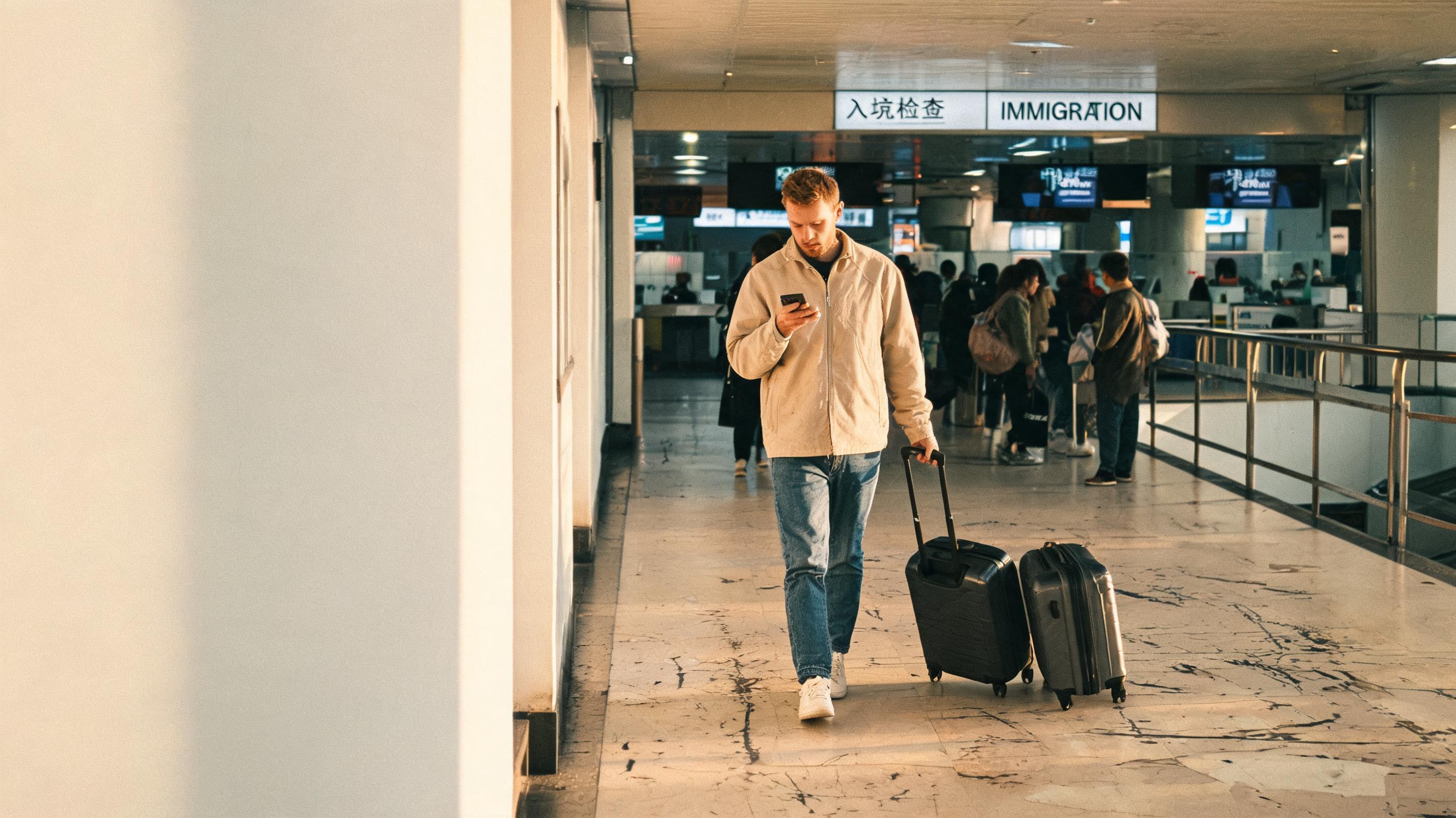 Western traveler with two suitcases checks phone at Futian shenzhen hong kong border crossing corridor under fluorescent l...