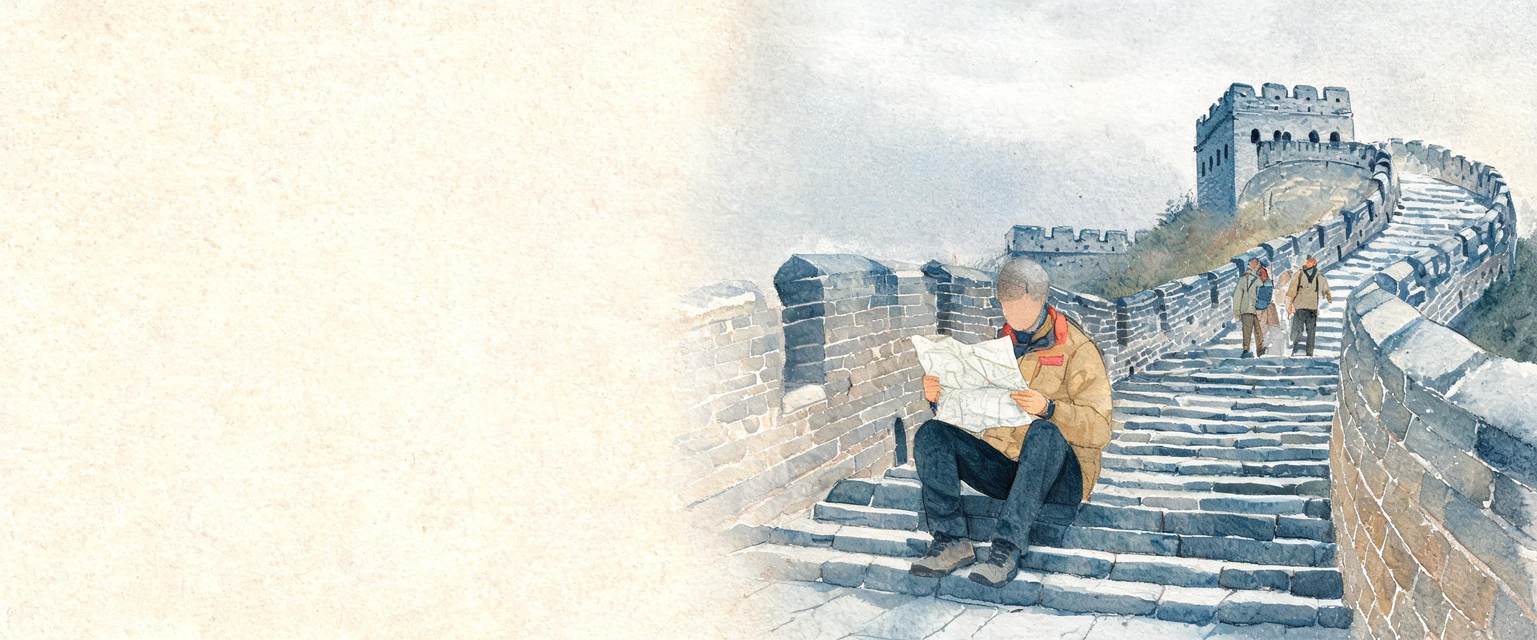 Western traveler rests on weathered Simatai Great Wall stone step, holding crumpled trail map; blurred hikers behind, soft...
