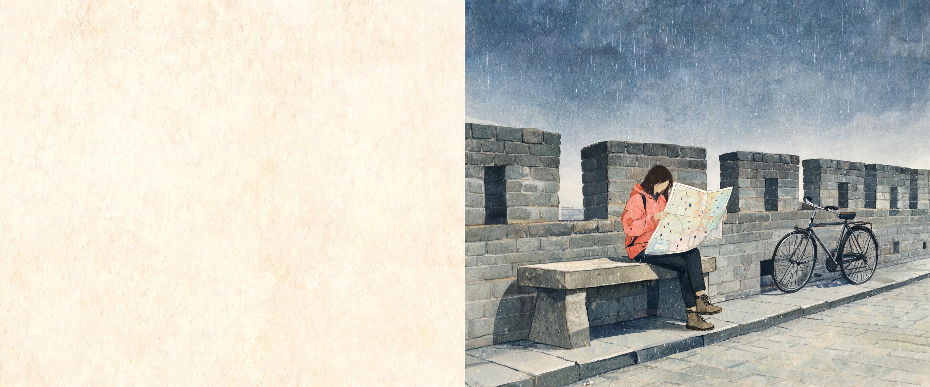 Western solo female traveler sits on Xi’an City Wall stone bench unfolding map with drizzle spots, bicycle propped nearby...