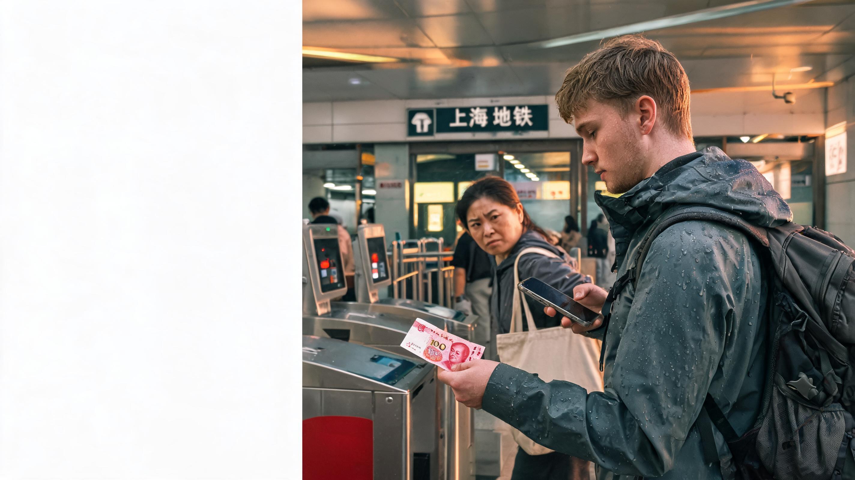 Western backpacker at Shanghai metro turnstile with 100 RMB note and phone, showing real solo travel China challenges.