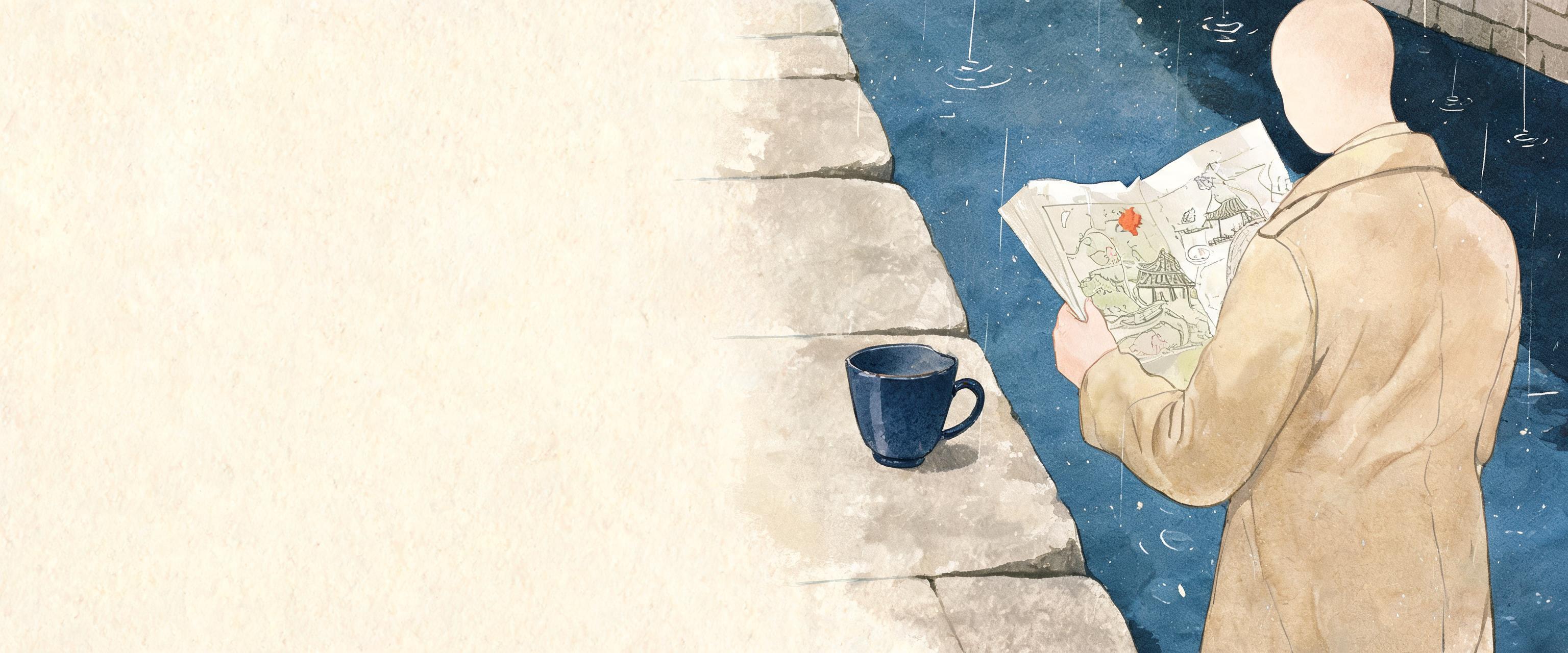 Watercolor illustration of a Western visitor unfolding a Suzhou garden map beside a small canal with a chipped blue teacup...