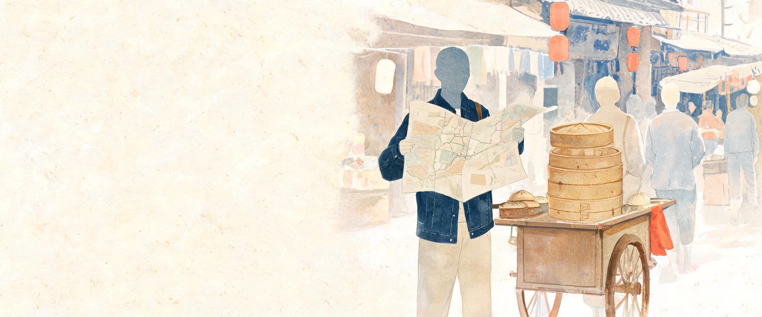 A solo Western traveler in a denim jacket unfolds a paper map at a busy Xi’an street market, light breeze tugging edges ne...