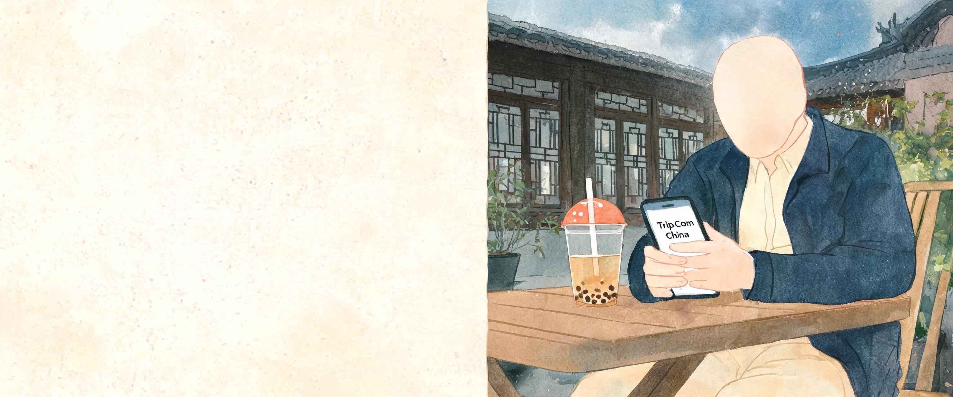Western traveler sits in a Shanghai cafe courtyard, scrolling Trip.com China foreigners on a smartphone, half-empty bubble...