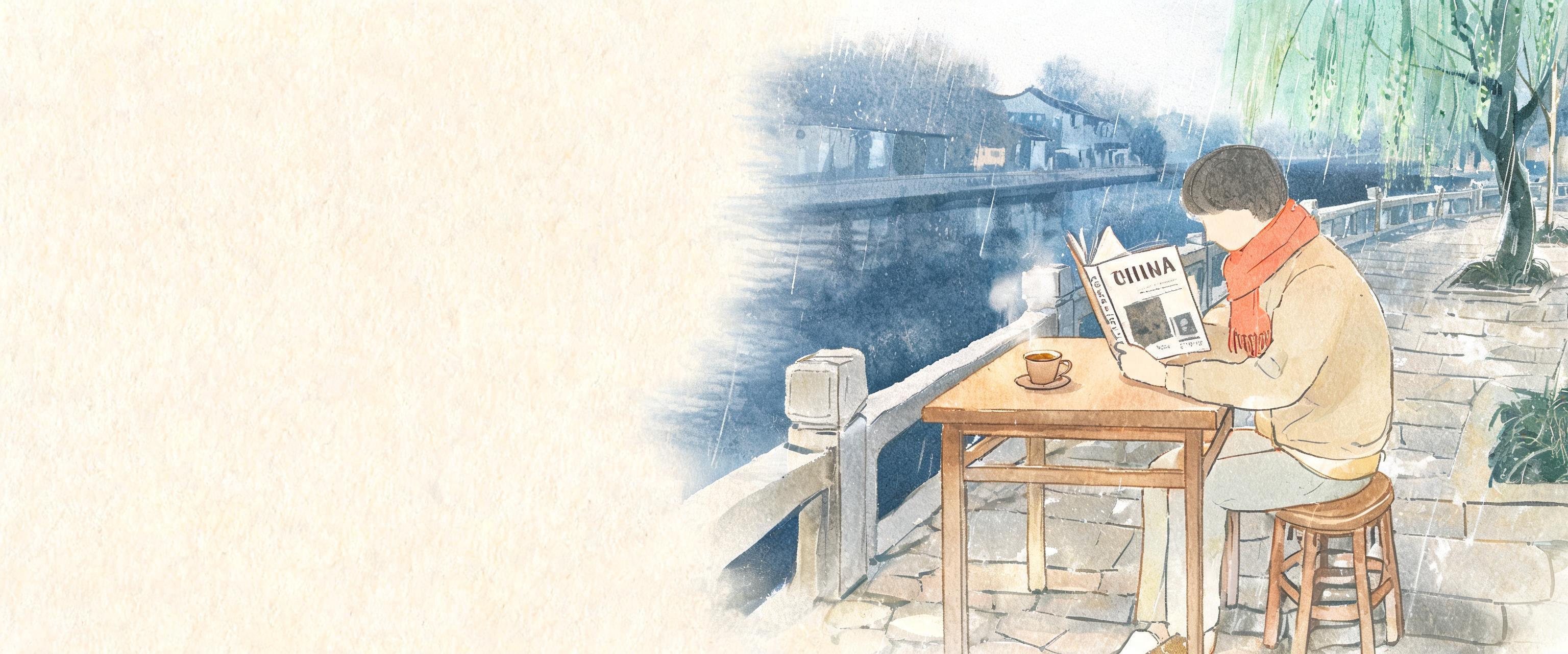 A traveler sits at a small wooden table by a West Lake canal, flipping through a China guidebook while planning two weeks...