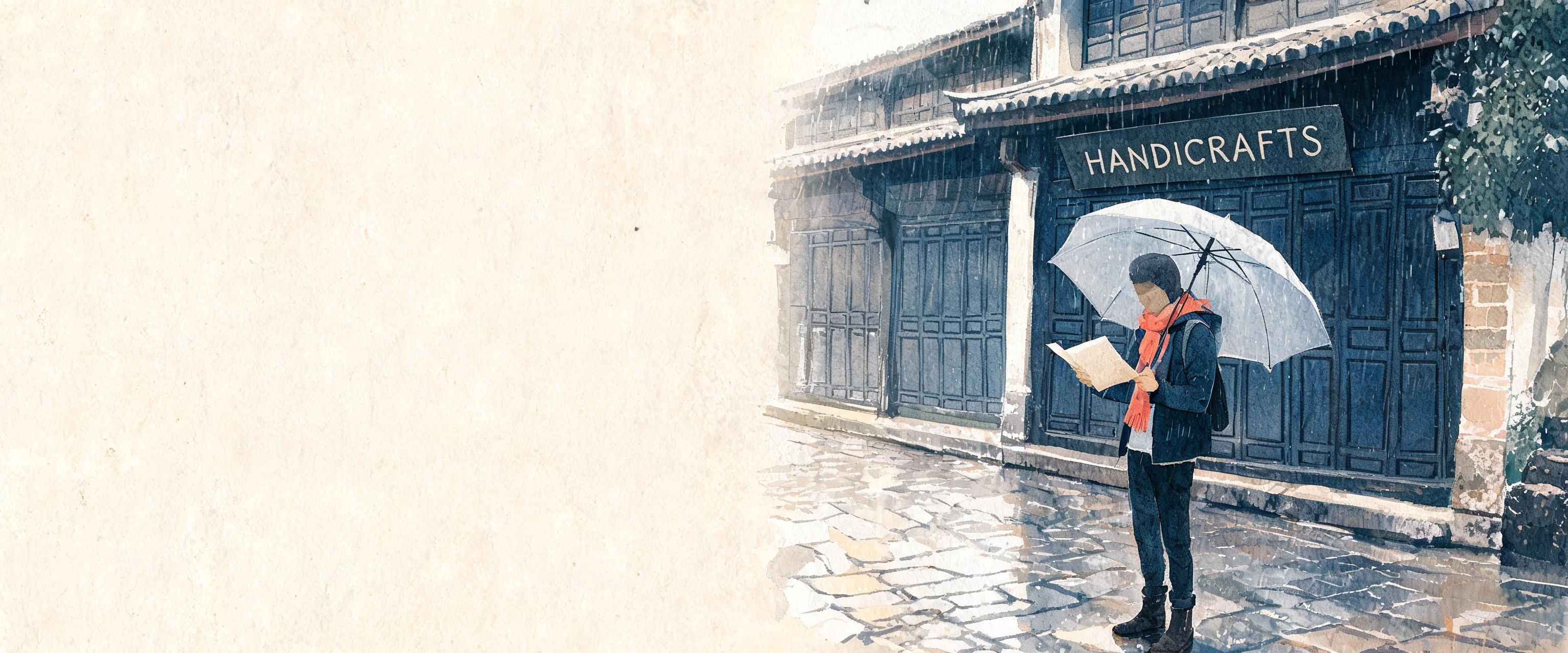 Western solo traveler pauses under clear folding umbrella on rain-slicked Dali Old Town stone lane, checking waterproof gu...
