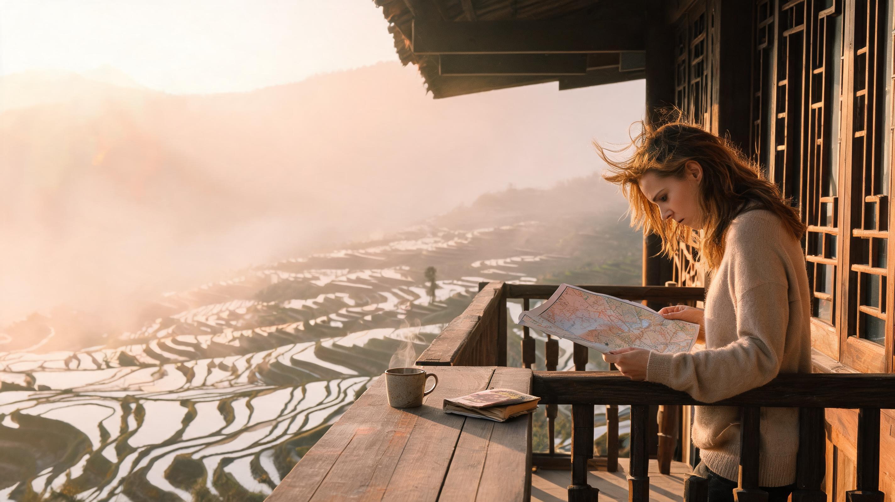 Western woman in her thirties studying a paper map on a wooden balcony during Yunnan travel, Yuanyang rice terraces in mist
